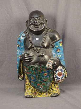 Bouddha sujet en cuivre à décor en émaux peint 