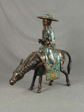 JAPON - Toba sur sa mule. Sujet en bronze et émaux