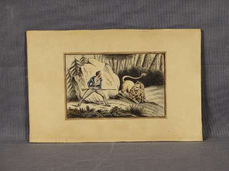 Ecole XIXé Chasse au Lion. Aquarelle et crayon. 