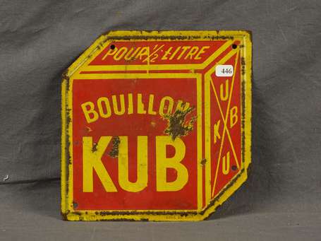 BOUILLON KUB : Petite plaque émaillée en découpe. 