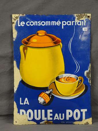 LA POULE AU POT : Plaque émaillée bombée. 