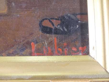 LUBIER Xxé Enfants devant la cheminée. Huile sur 