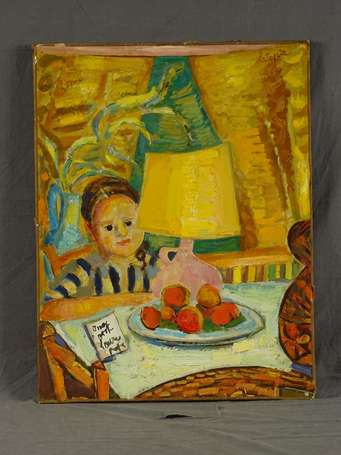 LATAPIE Louis (1891-1972). Enfant à table. Huile 