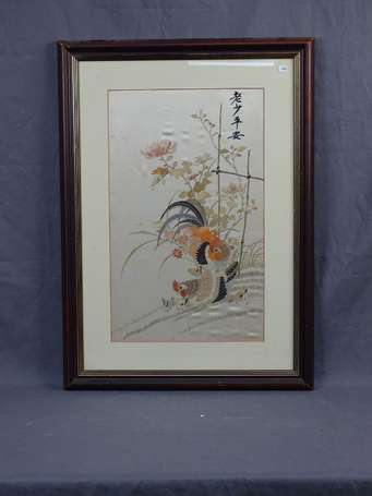 Ecole chinoise Xxé Poules. Broderie sur soie 54 x 