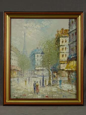 ECOLE XXe - Vue de Paris. Huile sur toile, signée 