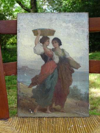 MASSE J. Femmes en bord de mer Huile sur panneau