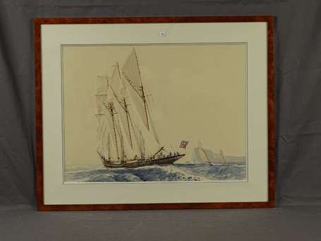 L'HOSTIS Guy 1945- Yacht Sunbeam Aquarelle, signée