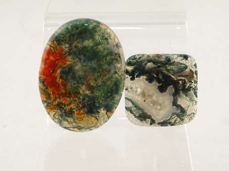 2 cabochons d'agate mousse, l'un carré de 23,88cts