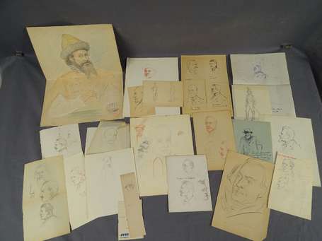 Lot d'études de portraits aux crayons