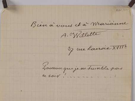 WILETTE (Adolphe) - 1857-1926 - Lettre autographe 