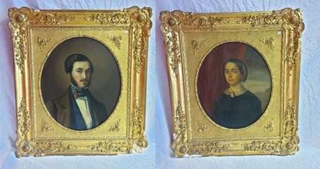 ECOLE XIXè, Portrait d'homme et de femme à vue 