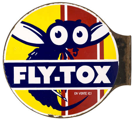 FLY-TOX  Plaque émaillée double-face à équerre. 