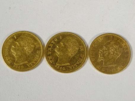 3 pièces 20 Lires or 1882 / 1873. Poids : 19,3 g
