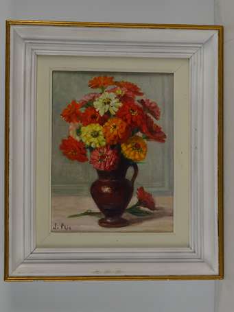 PRIN Jeanne( Xxe S), Bouquet de zinias, Huile sur 