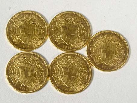5 pièces 20 Francs or Suisse. Poids : 32,2 g