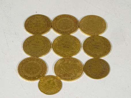 Lot de 10 pièces françaises en or comprenant : 8 