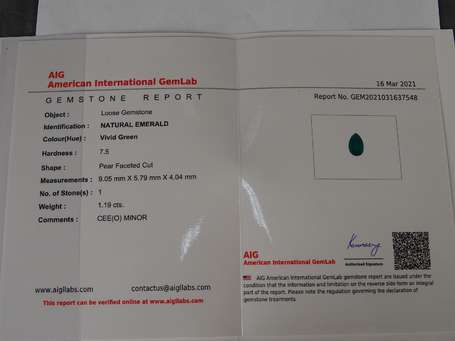 Emeraude poire sur papier 1,19 cts Certificat AIG