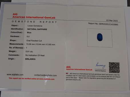 Saphir taille ovale sur papier 5,91 cts Certificat