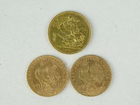 Deux pièces de 20 francs or 1904 et 1913. Joint un