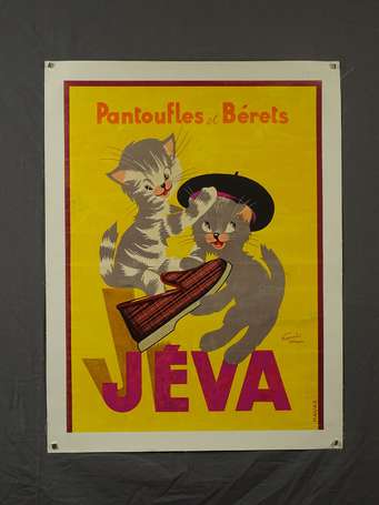 JEVA Pantoufles et Bérets : Affiche lithographiée 