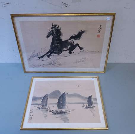 ECOLE CHINOISE Xxéme siècle Cheval - Jonques . 2 