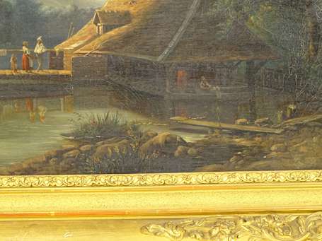 ECOLE XIXème, Le lavoir, Huile sur toile (accident