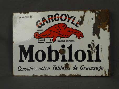 MOBILOIL : Plaque émaillée double-face à équerre. 