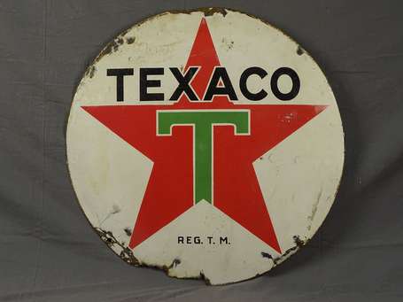 TEXACO : Plaque émaillée ronde bombée. Manque de 