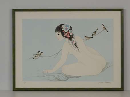 TRANLONG Mara (1935-) Femme et branche d'oiseaux. 