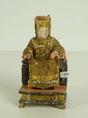 CHINE Empereur Sujet en bois sculpté polychrome et