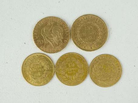 Deux pièce de 20 francs or, trois pièces de 10 