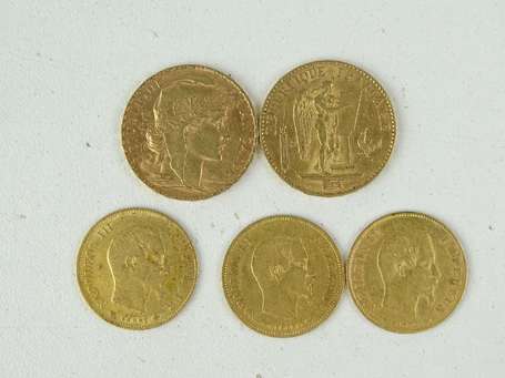 Deux pièce de 20 francs or, trois pièces de 10 
