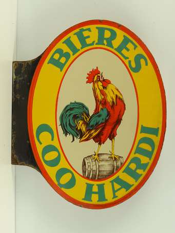 BIÈRE COQ HARDI : Plaque émaillée double-face à 