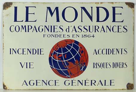 LE MONDE Compagnie d'Assurances : Plaque émaillée 