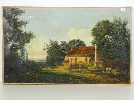 ECOLE XIXe Calvaire Huile sur toile. 37 x 61 