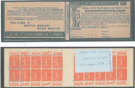 Carnet Ancien N°199_C71 Type SEMEUSE LIGNEE - 50c.