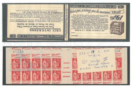 Carnet Ancien N°283_C59 Type PAIX - 50c. ROUGE 