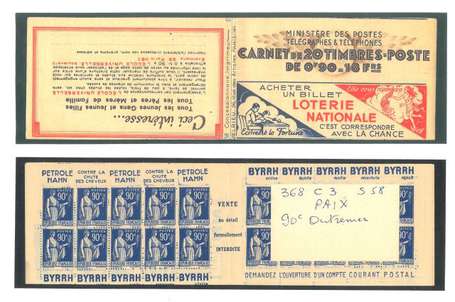 Carnet ancien N°368_C3. TYPE PAIX - 90c. BLEU 