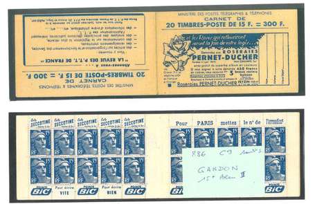 Carnet ancien N°886_C9. TYPE GANDON - 15fr.BLEU. 