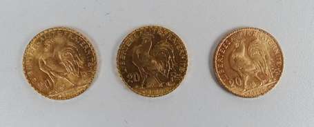 3 pièces de 20 francs or 900/1000è Troisième 