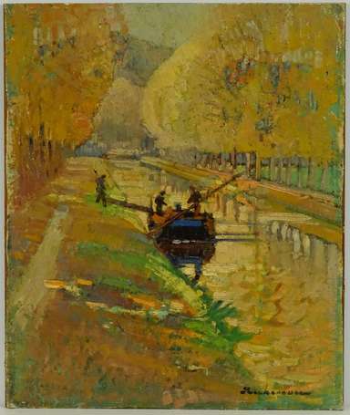 ROCHENEAU (XXe) - Canal en automne. Huile sur 