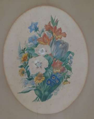 ECOLE XIX-XXe - Bouquet. Aquarelle à vue ovale 