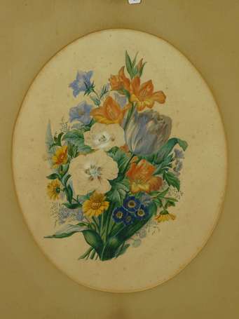 ECOLE XIX-XXe - Bouquet. Aquarelle à vue ovale 