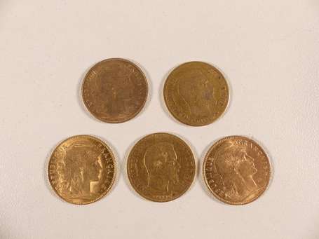 5 pièces 10 francs or Napoléon III tête nue et Coq