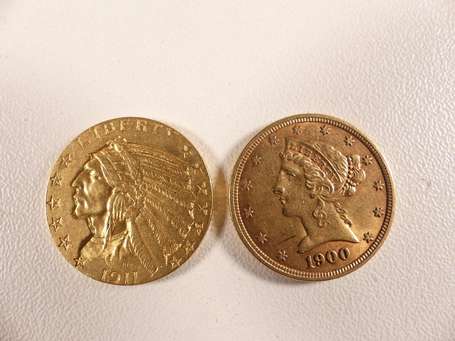 2 pièces 5 dollars or 1900 et Liberty 1911.