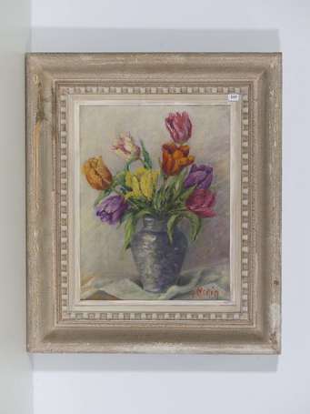 MORIN G. (XXème siècle) - Vase de tulipes. Huile 