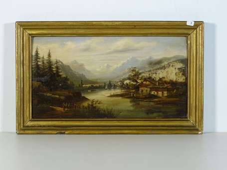 Ecole Suisse XIXe - Paysage au lac. Huile sur 