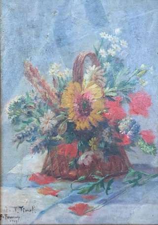 ECOLE XXe - Bouquet dans un panier. Huile sur 