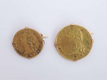 Deux broches en or jaune 18K (750°/00) montées 