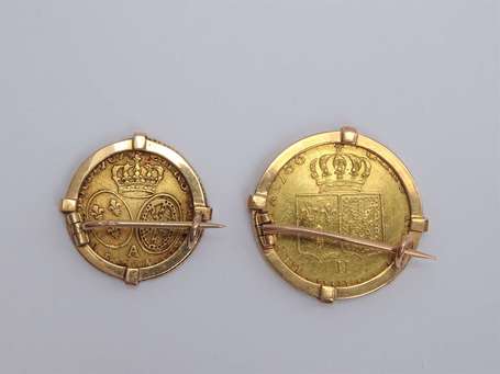 Deux broches en or jaune 18K (750°/00) montées 